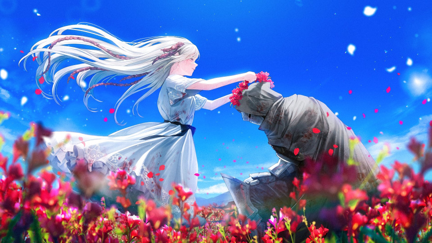 1boy 1girl armor black_ribbon blue_sky cloak closed_eyes cloud commentary_request corruption dress ender_lilies_quietus_of_the_knights facing_another field floating_hair flower flower_field full_armor garland_(decoration) helmet highres hood hooded_cloak knight lily_(ender_lilies) long_hair mountain official_art one_knee outdoors parted_lips petals pointy_ears profile ribbon sky standing tendril umbral_knight_(ender_lilies) veins white_dress white_hair wind yamada_ayumi_(ayame)