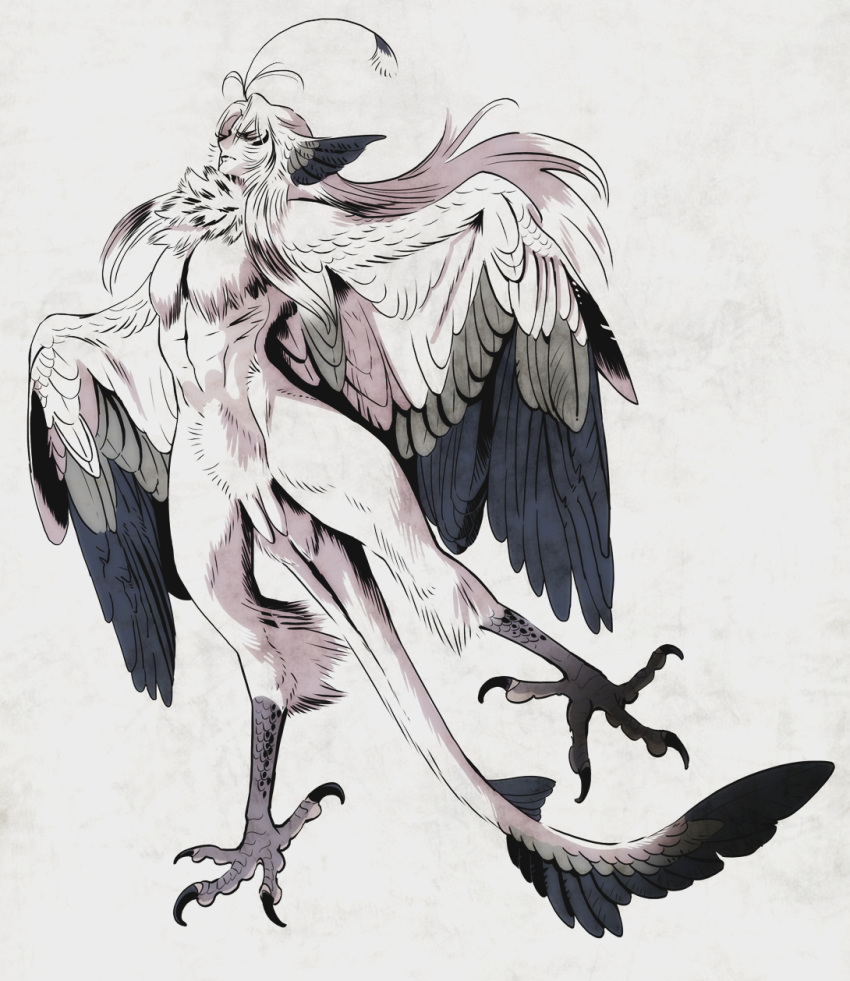 1boy ahoge animal_feet bird_legs bird_wings blue_wings closed_eyes closed_mouth facing_to_the_side feather_hair feathered_wings full_body grey_background grey_hair harpy_boy head_wings highres isaki_(shimesaba) long_hair male_focus monster_boy multicolored_wings muted_color neck_fur original sidelocks simple_background solo tail tail_feathers talons very_long_hair white_wings winged_arms wings