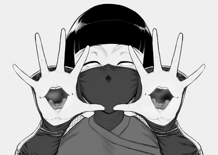 1girl arm_guards bob_cut breath closed_eyes commentary_request extra_mouth greyscale hand_mouth highres japanese_clothes kiyoshi2431 mask monochrome mouth_mask ninja ninja_mask original portrait solo tongue tongue_out