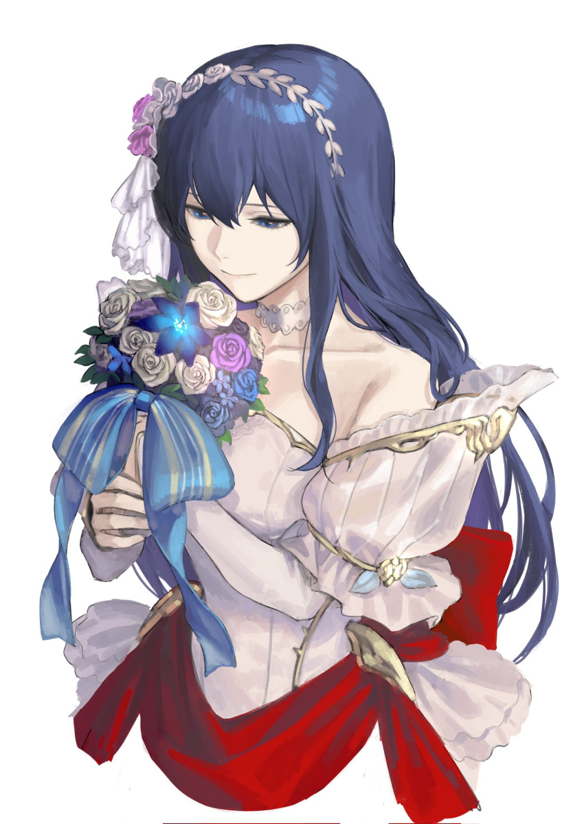 1girl bangs bare_shoulders blue_eyes blue_flower blue_hair blue_rose bouquet bride_(fire_emblem) caeda_(bridal)_(fire_emblem) caeda_(fire_emblem) closed_mouth collarbone commentary cropped_torso detached_sleeves dress fire_emblem fire_emblem:_mystery_of_the_emblem fire_emblem:_shadow_dragon fire_emblem_heroes flower hair_between_eyes hair_flower hair_ornament highres holding holding_bouquet long_hair mik_blamike official_alternate_costume pink_flower pink_rose purple_flower purple_rose rose simple_background smile solo wedding_dress white_background white_dress white_flower white_rose white_sleeves