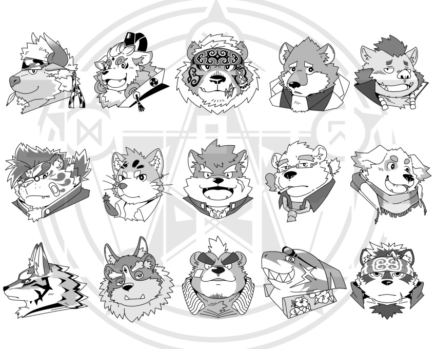 agyou anthro ashigara asian_mythology bear bovid bovine bust_portrait canid canine canis cattle cu_sith_(tas) domestic_cat domestic_dog east_asian_mythology eyebrows eyewear felid feline felis fish foo_dog gouryou grin group hi_res horkeu_kamui_(tas) jackal jambavan japanese_mythology kimun_kamui_(tas) komainu leib_(tas) licho_(tas) lifewonders male mammal marine moritaka mythology pantherine polar_bear portrait rocurou69 scar seth_(tas) shark shennong sitri smile suid suina sunglasses sus_(pig) thick_eyebrows tiger tokyo_afterschool_summoners tsathoggua typhon ursine wild_boar wolf yokai