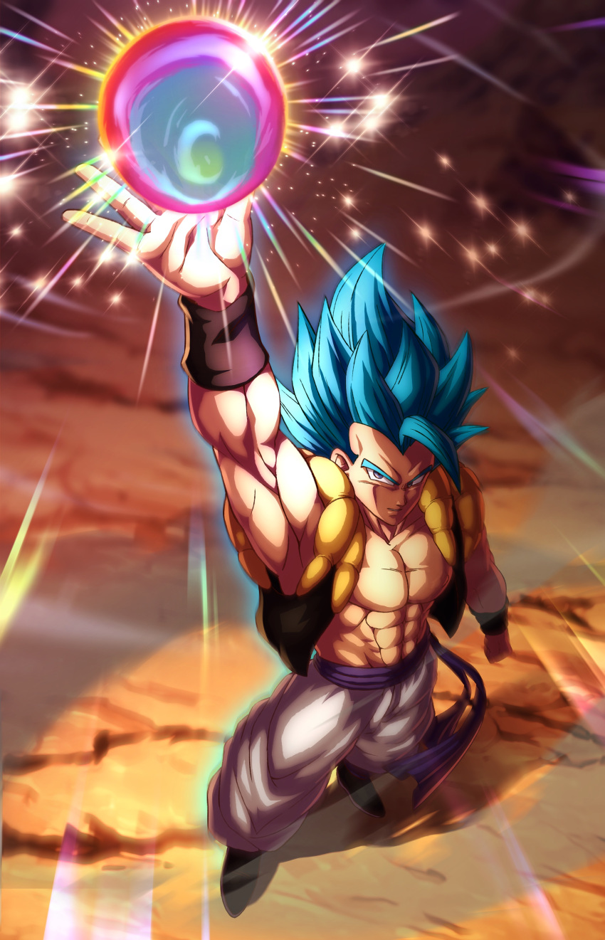 1boy abs absurdres arm_up armpits blue_eyes blue_hair commentary dragon_ball dragon_ball_super dragon_ball_super_broly energy_ball english_commentary from_above full_body gogeta highres male_focus metamoran_vest muscular muscular_male pea-bean solo super_saiyan super_saiyan_blue