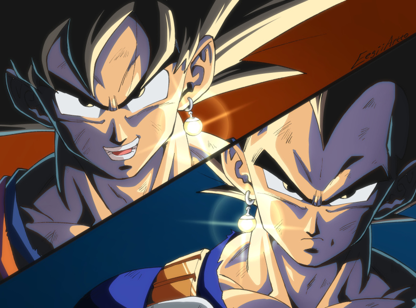 2boys :d artist_name black_eyes black_hair blue_background collarbone dragon_ball dragon_ball_z earrings eegiiartto frown glowing glowing_earrings highres jewelry looking_at_viewer male_focus multiple_boys open_mouth potara_earrings red_background scratches serious signature simple_background single_earring smile son_goku spiked_hair teeth upper_body v-shaped_eyebrows vegeta widow's_peak