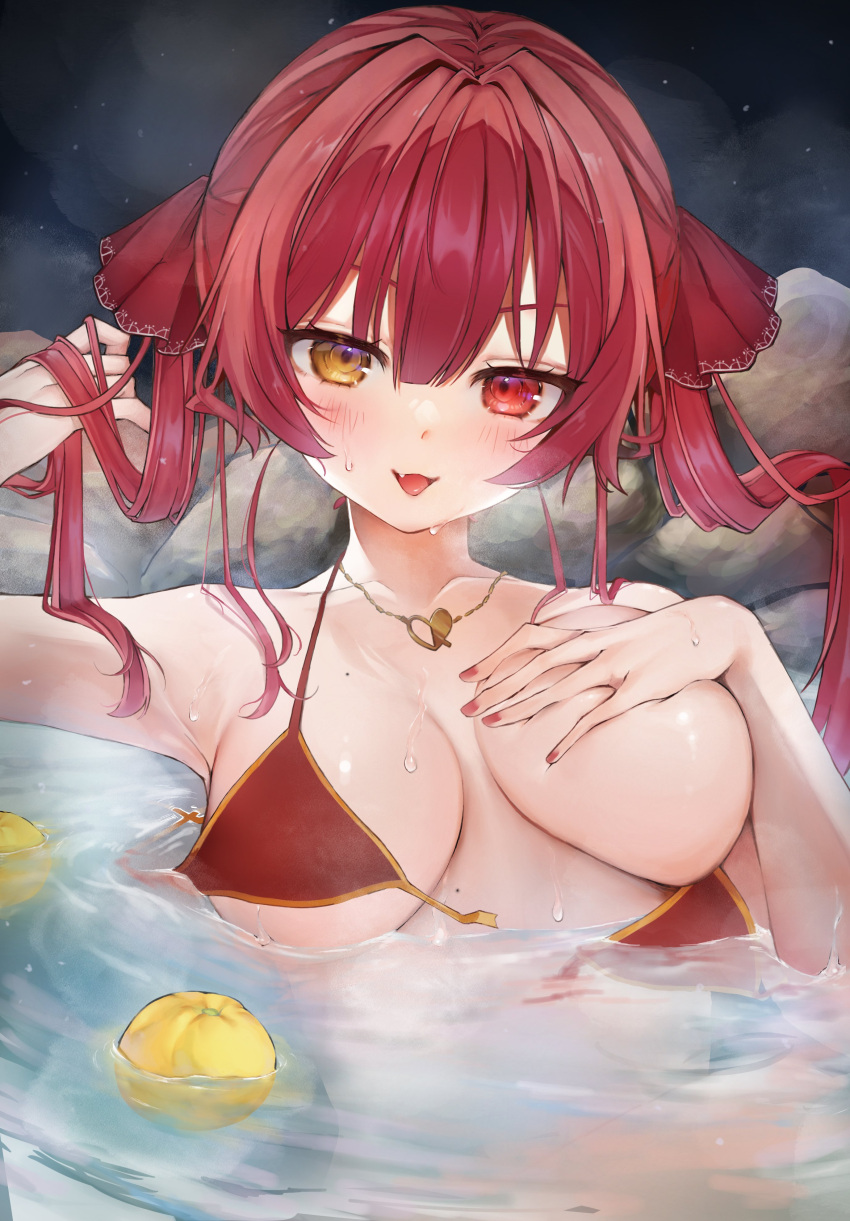 1girl absurdres arm_up armpits bangs bikini blush breasts collarbone commentary_request deep_skin eyelashes fang floating floating_object hair_ribbon hand_up haruzawa_1121 heterochromia highres hololive houshou_marine jewelry large_breasts long_hair looking_at_viewer mole nail_polish necklace night night_sky official_alternate_costume one_breast_out onsen open_mouth orange_eyes outdoors partially_submerged red_bikini red_eyes red_ribbon ribbon rock shiny_skin sidelocks sky solo swimsuit tongue twintails upper_body virtual_youtuber wardrobe_malfunction wet