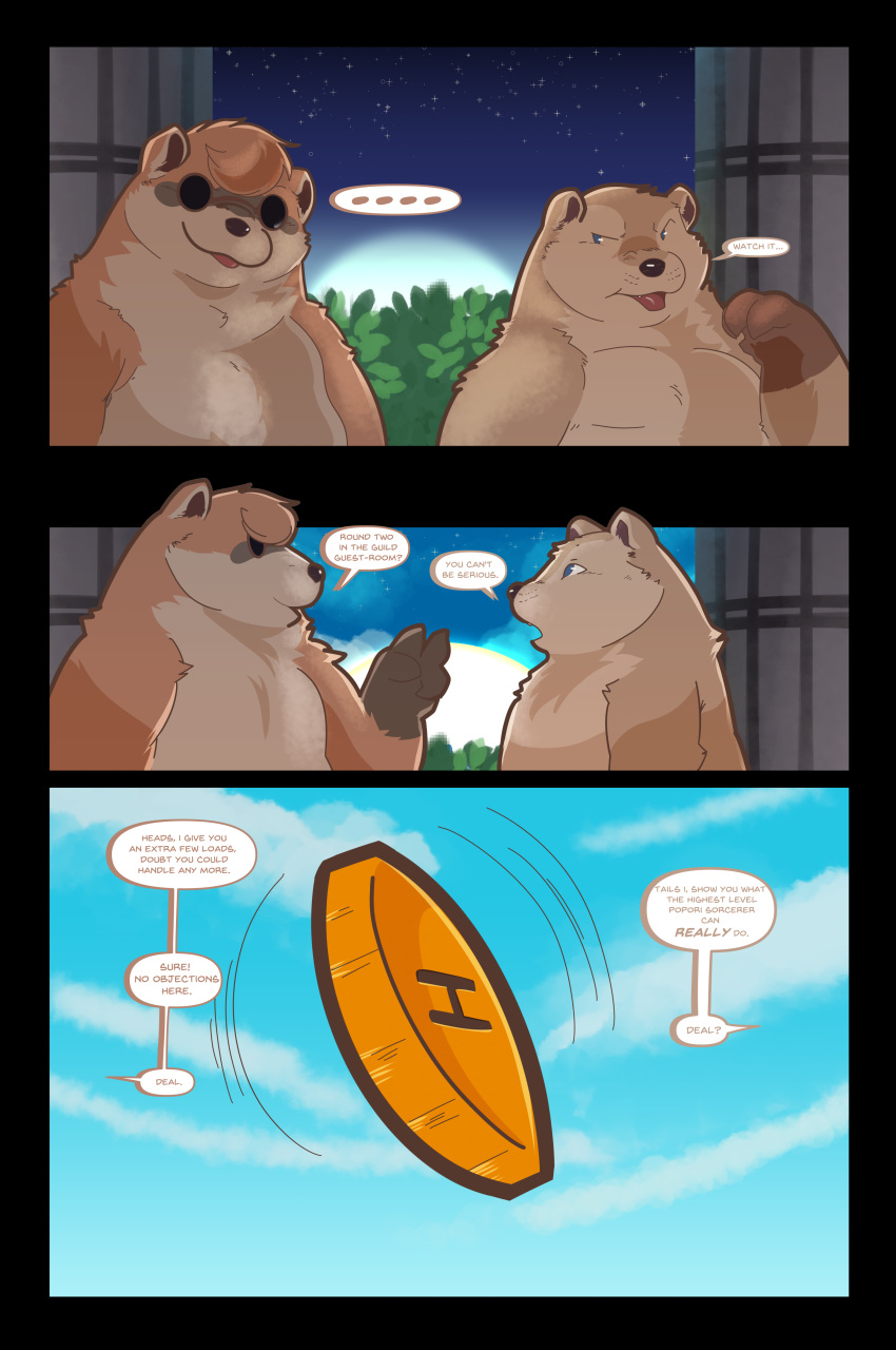 absurd_res anthro coin_flip detailed_background dialogue domestic_ferret duo english_text fur hi_res koma_(popori) male male/male mammal moon mustelid musteline popori pumperbear sirius_(sirpori) speech_bubble star tera_online text true_musteline weasel