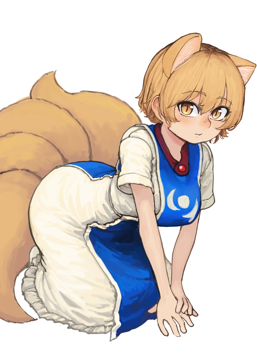 1girl absurdres animal_ears bangs blonde_hair breasts chanta_(ayatakaoisii) closed_mouth dress fox_ears fox_tail hair_between_eyes highres large_breasts looking_at_viewer multiple_tails short_hair short_sleeves simple_background slit_pupils solo tabard tail touhou white_background white_dress yakumo_ran yellow_eyes