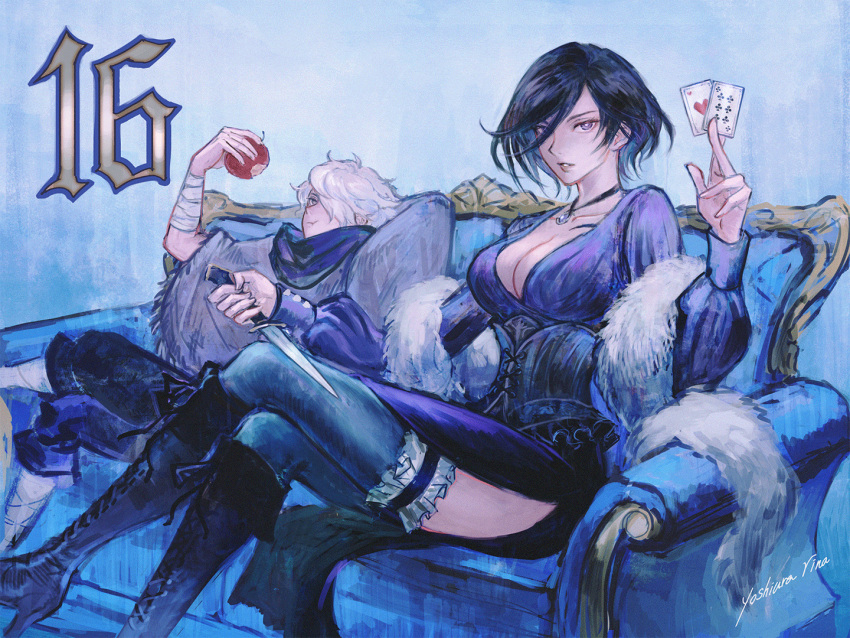 1boy 1girl apple artist_name black_hair boots breasts card cleavage couch countdown dagger eating food fruit grey_hair hair_over_one_eye high_heel_boots high_heels holding holding_dagger holding_knife holding_weapon knee_boots knife octopath_traveler octopath_traveler_ii official_art playing_card poncho setsu_(snow21g) short_hair side_slit signature sitting therion_(octopath_traveler) thigh_scrunchie thighhighs thighhighs_under_boots throne_(octopath_traveler) weapon wrist_wrap