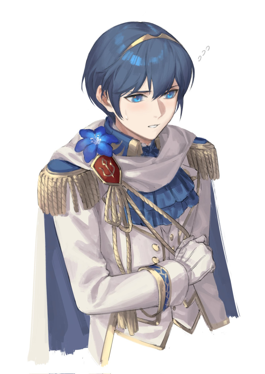 1boy bangs blue_eyes blue_flower blue_hair cape commentary cropped_torso epaulettes fire_emblem fire_emblem:_mystery_of_the_emblem fire_emblem:_shadow_dragon fire_emblem_heroes flower flying_sweatdrops formal gloves groom hair_between_eyes highres long_sleeves looking_away male_focus marth_(fire_emblem) marth_(groom)_(fire_emblem) mik_blamike official_alternate_costume short_hair simple_background solo suit tiara white_background white_gloves white_suit