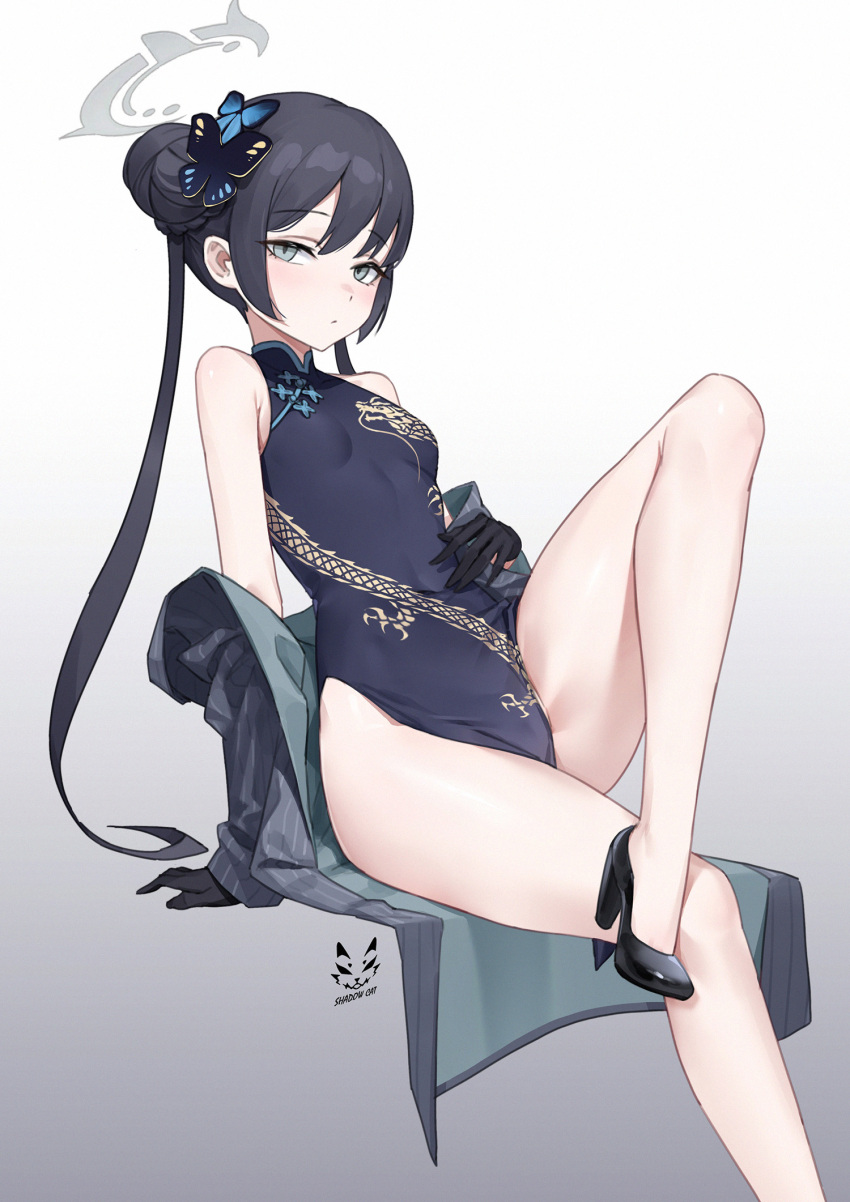 1girl bangs bare_shoulders black_dress black_footwear black_gloves black_hair blue_archive blush breasts butterfly_hair_ornament china_dress chinese_clothes closed_mouth commentary dragon_print dress foot_out_of_frame gloves gradient_background grey_background grey_eyes hair_ornament halo high_heels highres kisaki_(blue_archive) legs long_hair looking_at_viewer off_shoulder shadow_cat_(u9nej2qzq9vzxcf) simple_background sitting small_breasts thighs toe_cleavage twintails