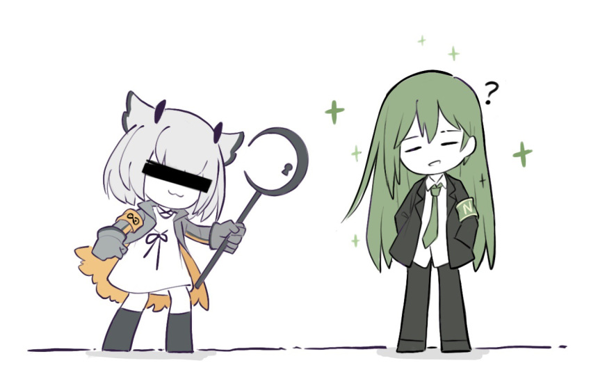 2girls :3 ? arknights armband black_jacket black_pants black_thighhighs censored chibi closed_eyes coat collared_shirt dress dress_pants dress_shirt formal full_body gloves green_hair green_necktie grey_coat grey_gloves grey_hair hands_in_pocket identity_censor jacket lobotomy_corporation long_hair long_sleeves medium_hair multiple_girls necktie netzach_(project_moon) open_clothes open_coat owl_ears pants project_moon ptilopsis_(arknights) razazel0327 shadow shirt simple_background sparkle standing suit_jacket thighhighs white_background white_dress white_shirt