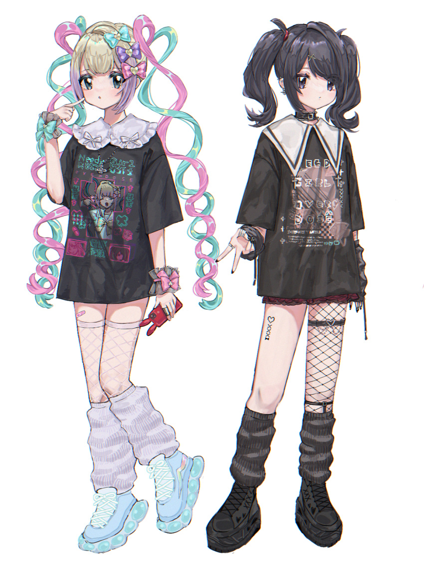 2girls ame-chan_(needy_girl_overdose) asymmetrical_legwear bandages bangs black_hair black_shirt blonde_hair blue_eyes blue_hair bow choker chouzetsusaikawa_tenshi-chan commentary decora fishnets full_body hair_bow hair_ornament heart highres holding jewelry long_hair looking_at_viewer loose_socks multicolored_hair multiple_girls nail_polish needy_girl_overdose phone pink_hair quad_tails ribbon shirt shoes simple_background skirt socks standing symbol-only_commentary tamotsu_(mary) thighhighs twintails white_background