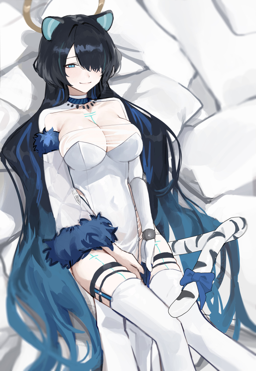 1girl absurdres android animal_ears bangs black_hair blue_bow blue_eyes blue_hair bow breasts cleavage cleavage_cutout clothing_cutout commission dress english_commentary erina_makina fur_trim gradient_hair hair_over_one_eye halo highres long_hair looking_at_viewer mechanical_arms multicolored_hair phase_connect pixiv_commission see-through see-through_cleavage see-through_dress single_mechanical_arm sitting smile so_shio solo tail tail_bow tail_ornament thigh_strap thighhighs tiger_ears tiger_tail very_long_hair virtual_youtuber white_dress white_thighhighs