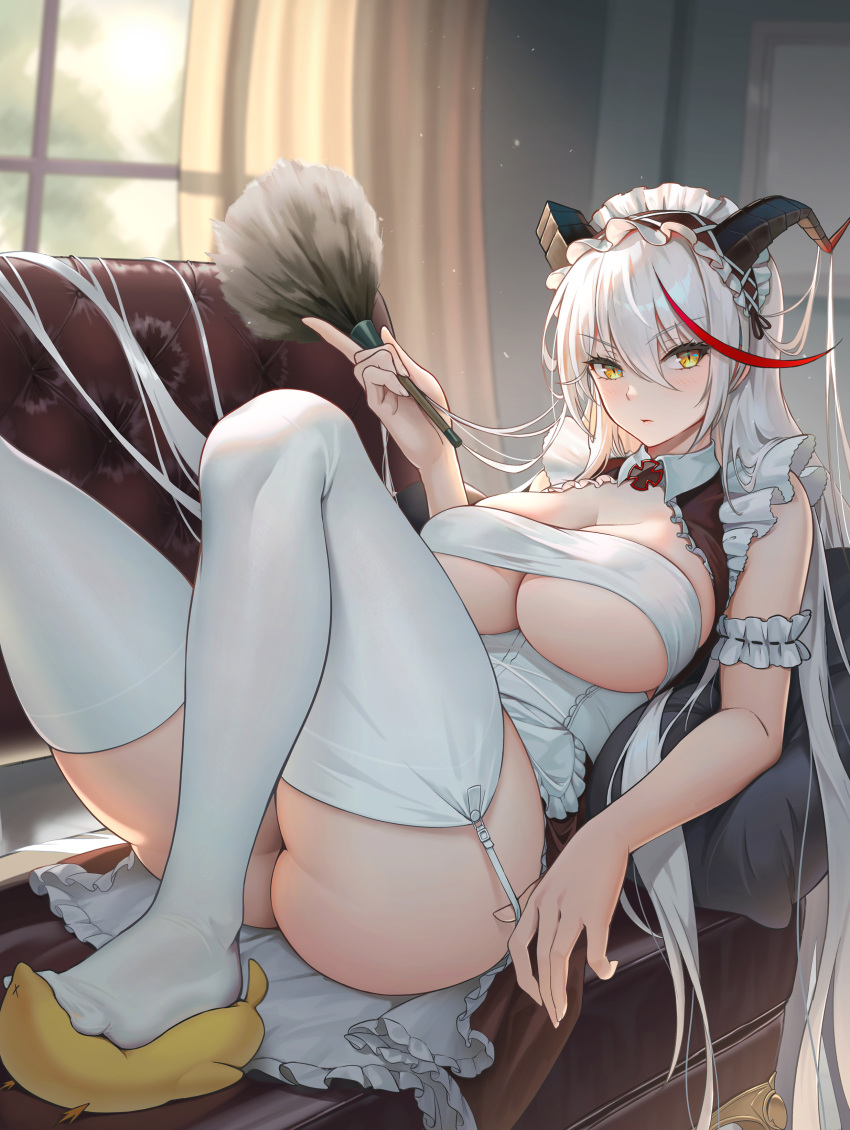 1girl absurdres aegir_(azur_lane) aegir_(iron_blood's_dragon_maid)_(azur_lane) ass azur_lane bare_shoulders bell breasts breasts_out chest_sarashi couch covered_nipples dress duster feather_duster frilled_dress frills garter_straps hair_bell hair_ornament highres horns large_breasts long_hair looking_at_viewer lying maid maid_headdress multicolored_hair official_alternate_costume on_back sarashi strap_pull streaked_hair thighhighs underboob very_long_hair white_hair white_thighhighs yellow_eyes yun_(user367624)