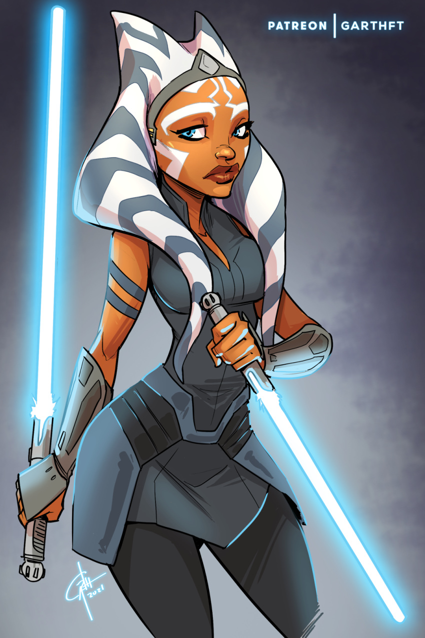 1girl ahsoka_tano alien armlet armor armored_dress bad_source black_leggings blue_eyes breasts brown_lips colored_skin dress dual_wielding energy_sword facial_tattoo faulds garth_graham grey_dress hairband highres holding holding_lightsaber japanese_armor kote leggings lightsaber long_hair medium_breasts nose orange_skin reverse_grip solo star_wars sword tattoo tentacle_hair the_mandalorian togruta weapon white_hair white_lightsaber wide_hips