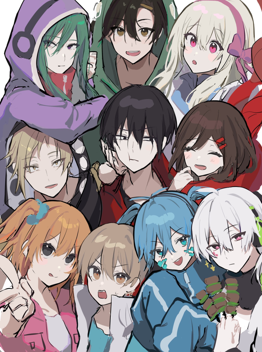 5boys 5girls ahute amamiya_hibiya apron aqua_scrunchie bangs black_eyes black_hair black_hoodie black_jacket black_shirt blonde_hair blue_dress blue_hair blue_jacket blue_shirt brown_eyes brown_hair casual chestnut_mouth closed_eyes closed_mouth collared_dress commentary dress ene_(kagerou_project) enpera eyes_visible_through_hair facial_mark facing_viewer finger_gun fingernails food food_request green_hair green_hoodie grey_eyes group_picture hair_between_eyes hair_ornament hair_ribbon hair_scrunchie hairband hairclip happy headphones highres holding holding_food hood hood_down hood_up hoodie jacket kagerou_project kano_shuuya kido_tsubomi kisaragi_momo kisaragi_shintarou konoha_(kagerou_project) kozakura_marry light_brown_hair long_bangs long_hair long_sleeves looking_at_viewer looking_to_the_side mekakucity_actors multicolored_clothes multicolored_jacket multiple_boys multiple_girls one_side_up open_clothes open_jacket open_mouth orange_hair pink_eyes pink_hairband pink_hoodie pink_ribbon print_hoodie purple_eyes purple_hoodie reaching_towards_viewer red_hoodie red_jacket red_scarf ribbon scarf scrunchie seto_kousuke shirt short_hair side_ponytail sleeveless sleeveless_hoodie smile staring sweat t-shirt tateyama_ayano teeth tongue tongue_out track_jacket tsurime twintails two-tone_hoodie two-tone_jacket unamused upper_body upper_teeth_only wavy_hair white_apron white_hair white_jacket white_shirt yellow_eyes zipper