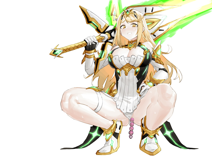 1girl absurdres aegis_sword_(xenoblade) anal_beads armor bangs blonde_hair breasts cleavage clenched_teeth gloves headpiece highres holding large_breasts long_hair looking_at_viewer mythra_(xenoblade) over_shoulder panties renxzd sex_toy side_ponytail simple_background solo squatting sweat swept_bangs teeth thigh_strap underwear very_long_hair weapon weapon_over_shoulder white_background white_panties xenoblade_chronicles_(series) xenoblade_chronicles_2 yellow_eyes