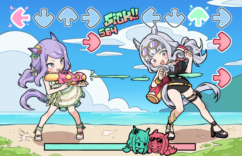 &gt;_&lt; 2girls absurdres animal_ears arrow_(symbol) bangs beach bikini black_one-piece_swimsuit blunt_bangs breasts cleavage cloud day ear_ornament english_text eyewear_on_head flower friday_night_funkin' gameplay_mechanics gold_ship_(run_revolt_launcher)_(umamusume) gold_ship_(umamusume) green_bikini grey_hair hair_ornament hair_ribbon highres holding horse_ears horse_girl horse_tail large_breasts long_hair mejiro_mcqueen_(ripple_fairlady)_(umamusume) mejiro_mcqueen_(umamusume) multiple_girls ocean one-piece_swimsuit open_mouth outdoors parody purple_eyes purple_hair ribbon sandals see-through sky standing sunglasses super_smashing_summer_vacation_(umamusume) swimsuit tail thigh_strap umamusume unneul very_long_hair water water_gun