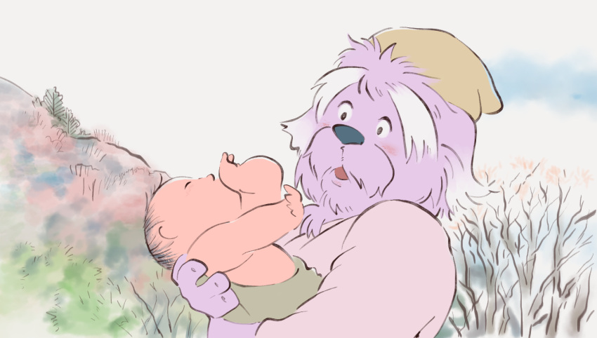 2018 anthro baby blue_nose blush canid canine canis clothed clothing colored domestic_dog duo eyes_closed facial_hair fur holding_baby human male mammal mature_anthro mature_male morenatsu mustache outside purple_body purple_fur shigure_tachibana shirako slightly_chubby slightly_chubby_male topless topless_anthro topless_male young
