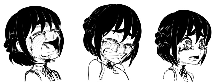 1girl braid clenched_teeth commentary crying french_braid frown highres kiyoshi2431 monochrome open_mouth original streaming_tears tears teeth thick_eyebrows