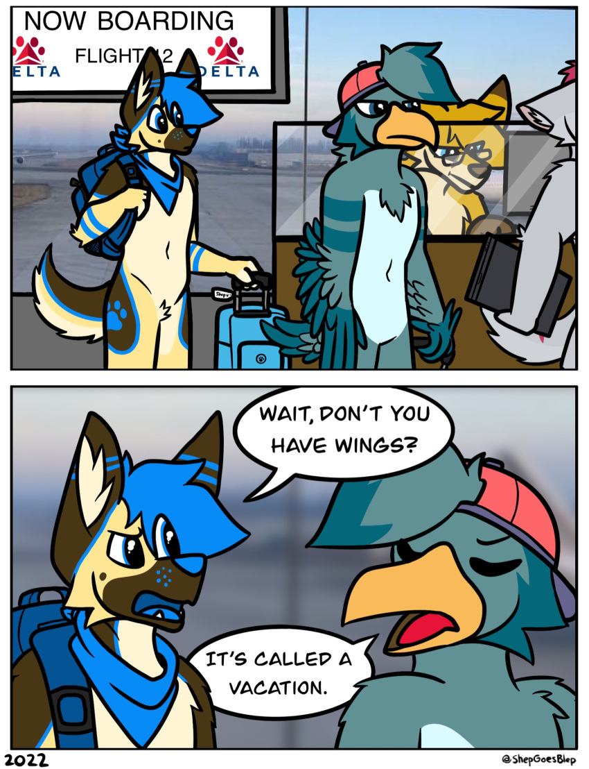 2_panel_comic accipitrid accipitriform adler_(feber12) airport anthro avian backpack bandanna bandanna_on_neck baseball_cap bird blue_hair blue_markings blue_tongue border brown_body brown_fur canid canine canis cheek_tuft chest_tuft clothing computer dialogue domestic_dog eagle english_text eyes_closed eyewear facial_tuft fangs feathers fox fur german_shepherd glasses green_body green_feathers grey_body grey_fur group hair half-closed_eyes hat headgear headwear herding_dog hi_res humor inner_ear_fluff kerchief laptop luggage male mammal markings narrowed_eyes open_mouth pastoral_dog red_hair shep_(shepgoesblep) shepgoesblep shreddy_(shreddyfox) speech_bubble tan_body tan_fur teeth text tongue tuft white_border wide_eyed yellow_body yellow_fur