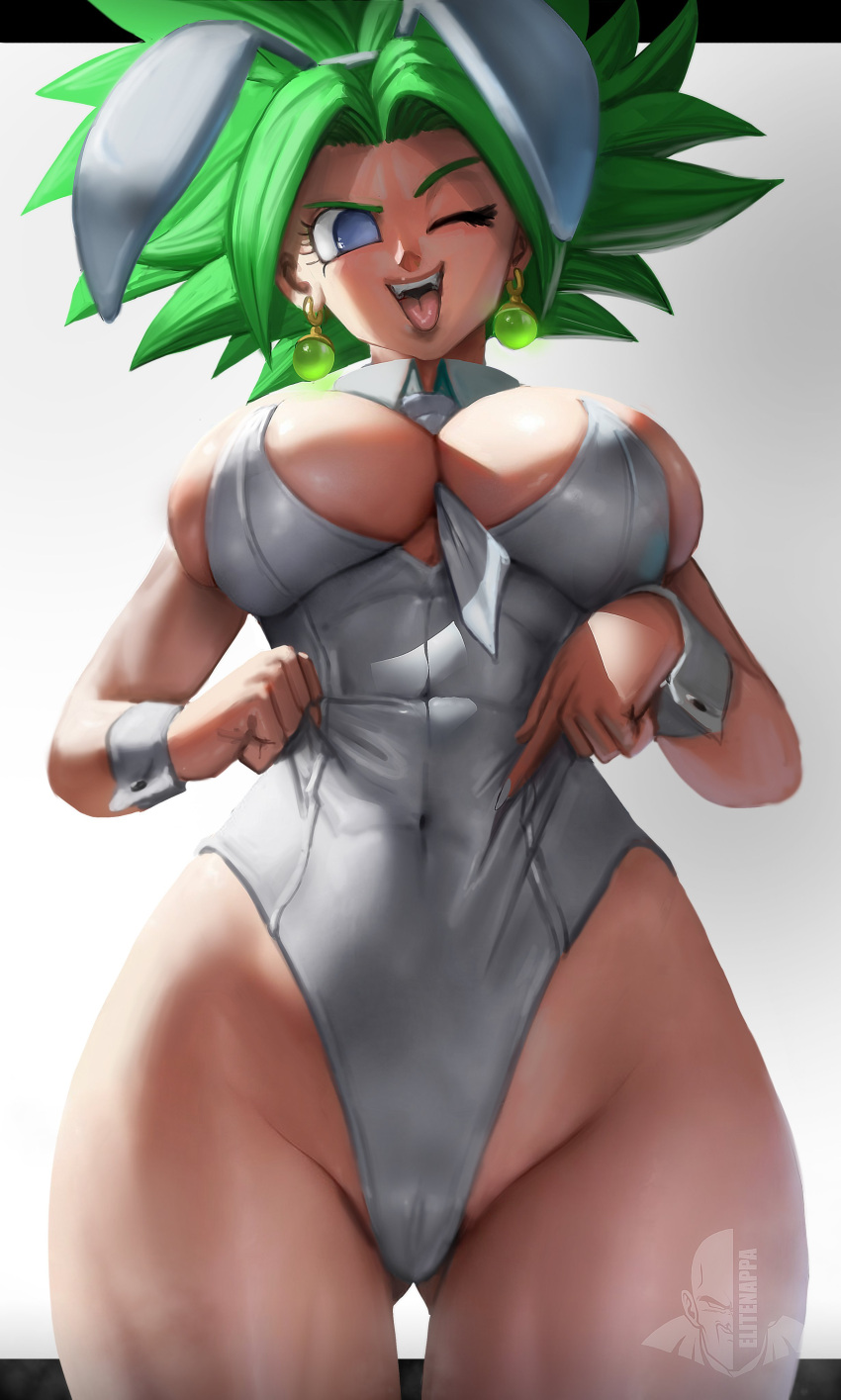 1girl ;d absurdres animal_ears ass_visible_through_thighs between_breasts blue_eyes breasts cameltoe chinese_zodiac covered_navel cowboy_shot detached_collar dragon_ball dragon_ball_super earrings elite_nappa fake_animal_ears green_hair highleg highleg_leotard highres jewelry kefla_(dragon_ball) large_breasts leotard looking_at_viewer necktie necktie_between_breasts one_eye_closed open_mouth playboy_bunny potara_earrings rabbit_ears shiny_clothes shiny_skin smile solo spiked_hair standing tongue tongue_out white_leotard white_necktie wrist_cuffs year_of_the_rabbit