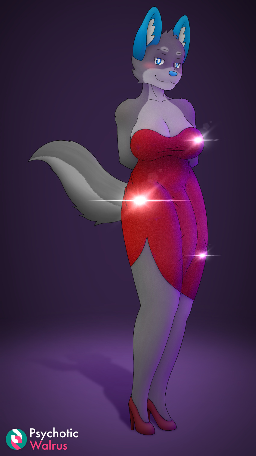 absurd_res anthro big_breasts blush breasts bulge canid canine canis clothing dress footwear front_view fur gynomorph hands_behind_back hi_res high_heels intersex jack_(psychoticwalrus) looking_at_viewer mammal pinup pose psychoticwalrus simple_background solo wolf