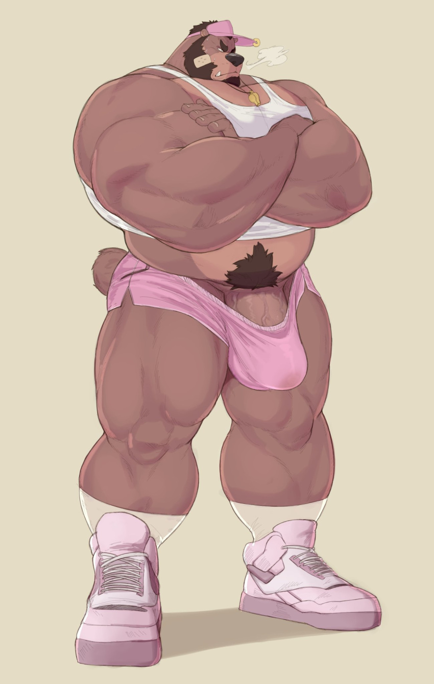 2022 5_fingers anthro bandage barazoku bear big_bulge big_muscles big_penis body_hair bottomwear brown_body brown_fur brown_hair bulge clothing coach crossed_arms eyebrows fingers footwear fur genitals hair happy_trail hat headgear headwear hi_res huge_muscles humanoid_hands male mammal muscular muscular_anthro muscular_male penis penis_base plantigrade shirt shoes shorts simple_background sneakers socks solo standing tank_top thedragonred12 thick_eyebrows thick_penis topwear vein veiny_penis visor_cap whistle