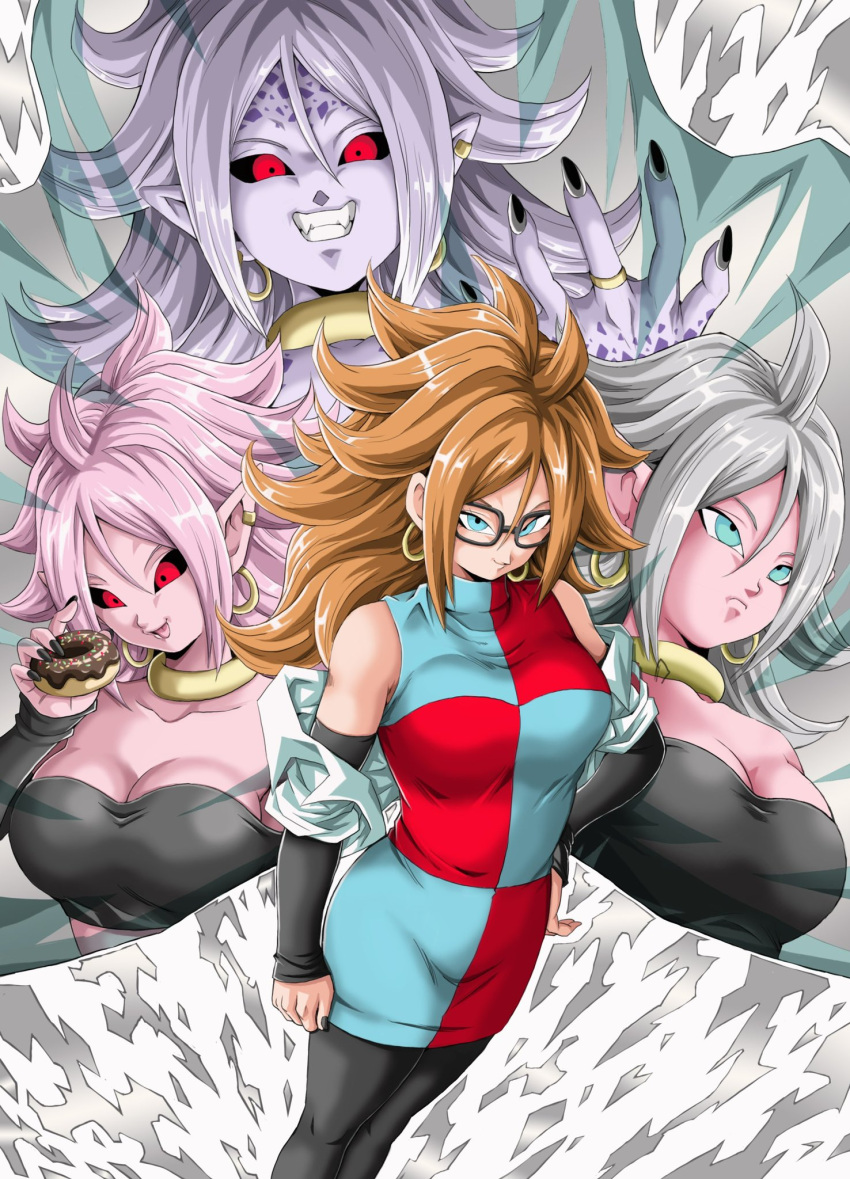 4girls android_21 arm_warmers bandeau black_nails black_sclera blue_eyes breasts brown_hair cleavage colored_sclera colored_skin commentary doughnut dragon_ball dragon_ball_fighterz dress ear_piercing earrings evil_grin evil_smile food frown glasses grey_hair grin hand_on_hip highres hoop_earrings jewelry large_breasts leggings majin_android_21 multiple_girls multiple_persona neck_ring piercing pink_hair pink_skin pointy_ears purple_hair purple_skin red_eyes ring short_dress smile tongue tongue_out youngjijii