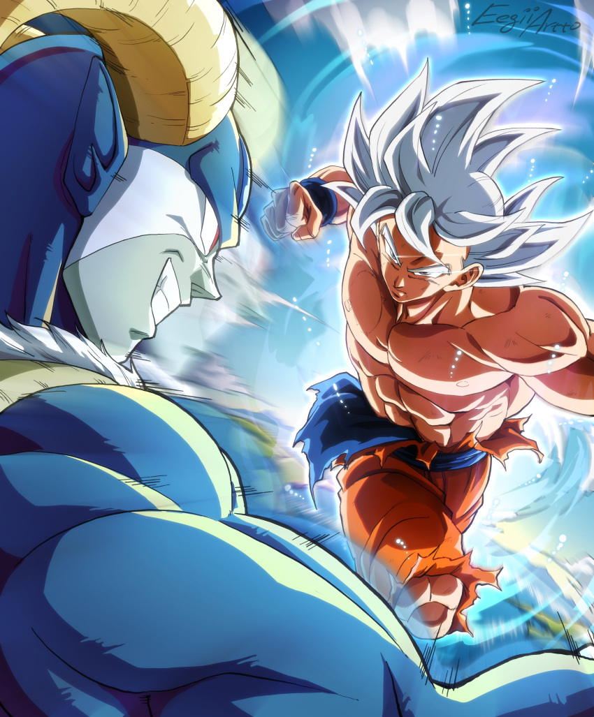 2boys abs absurdres artist_name battle biceps blue_skin brown_horns charging_forward clenched_hand closed_mouth colored_skin commentary curled_horns dougi dragon_ball dragon_ball_super eegiiartto energy english_commentary frown grey_eyes grin highres horns looking_at_another male_focus moro_(dragon_ball) multiple_boys muscular muscular_male pectorals pointy_ears profile punching red_eyes scratches serious signature smile son_goku spiked_hair teeth topless_male torn_clothes ultra_instinct v-shaped_eyebrows