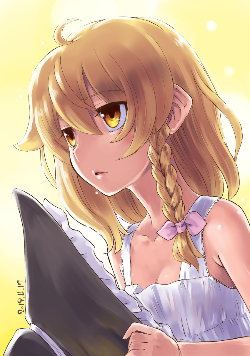 1girl ahoge black_headwear blush bow braid breasts camisole cleavage commentary_request dated expressionless hat highres holding holding_clothes holding_hat kei_jiei kirisame_marisa long_hair looking_afar open_mouth pink_bow side_braid single_braid small_breasts solo touhou white_camisole witch_hat yellow_background yellow_eyes