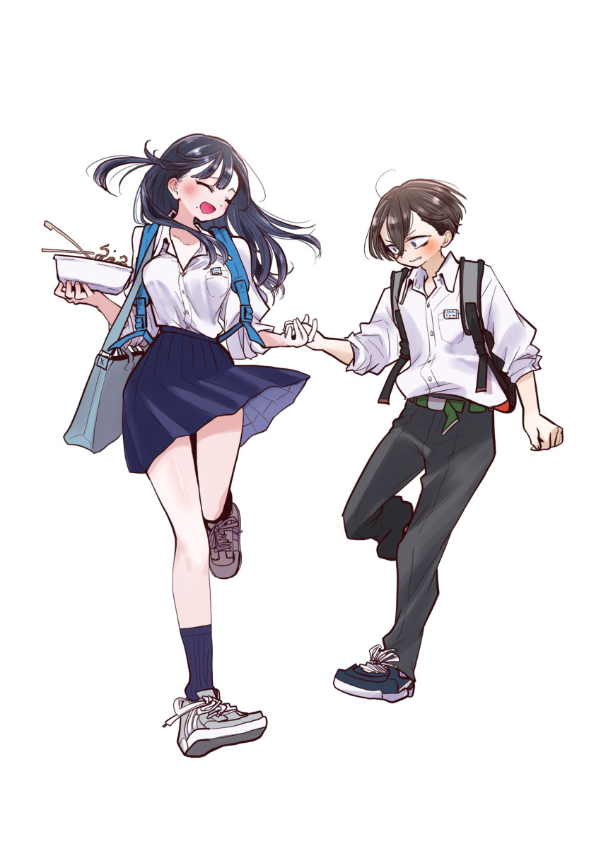 1boy 1girl bag belt black_hair boku_no_kokoro_no_yabai_yatsu brown_hair full_body grin highres holding_hands ichikawa_kyoutarou pants sakurai_norio school_bag school_uniform shoes skirt smile sneakers summer_uniform surprised white_background yakisoba yamada_anna