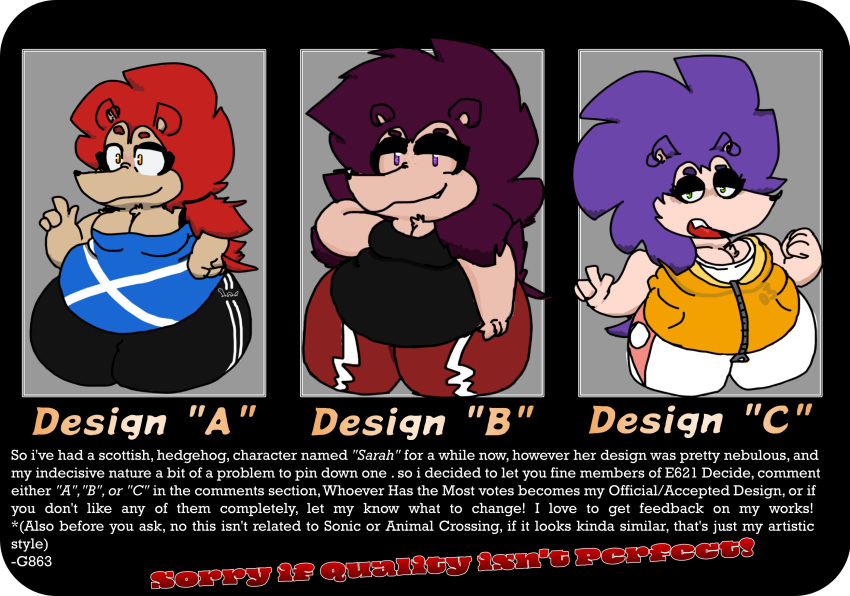 anthro belly breasts ear_piercing eulipotyphlan female flat_colors fur g863 group hair hedgehog hi_res long_snout mammal overweight overweight_female piercing purple_hair red_body red_fur scottish sharp_tooth snout thick_thighs trio vote