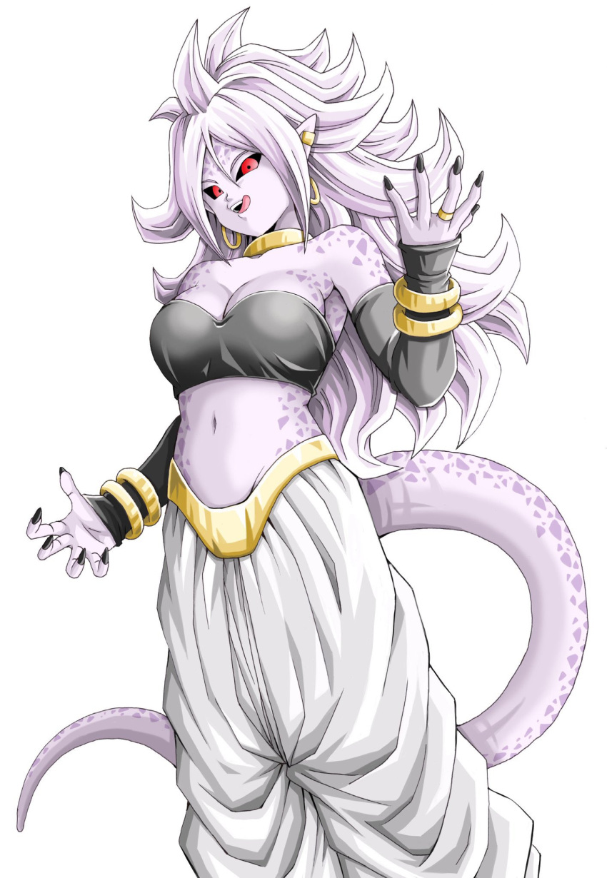 1girl alternate_color android_21 arm_warmers baggy_pants bandeau black_nails black_sclera bracelet breasts cleavage colored_sclera colored_skin commentary dragon_ball dragon_ball_fighterz ear_piercing earrings fingernails highres hoop_earrings jewelry large_breasts long_hair majin_android_21 midriff navel neck_ring open_mouth pants piercing pink_hair pink_skin pointy_ears red_eyes ring sharp_fingernails smile solo tail tongue tongue_out youngjijii