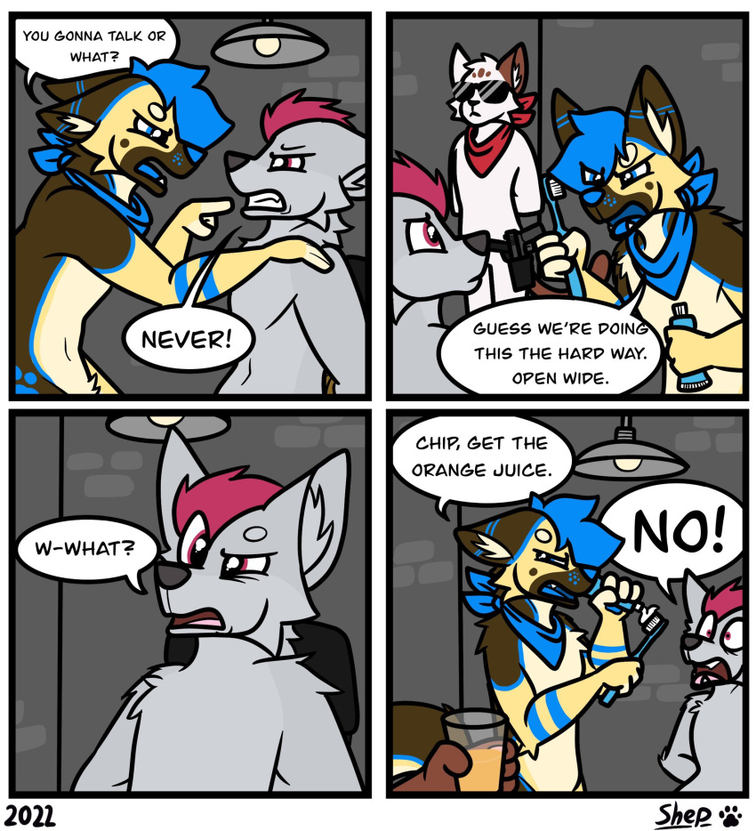 4_panel_comic andromorph anthro bandanna bandanna_on_neck beverage blue_body blue_fur blue_markings blue_tongue border brown_body brown_fur brush canid canine canis cheek_tuft chipflake clenched_teeth dialogue domestic_cat domestic_dog ears_back english_text eyewear facial_tuft fangs felid feline felis fox fur german_shepherd grey_body grey_fur group gun hair half-closed_eyes handgun herding_dog hi_res humor inner_ear_fluff intersex kerchief male mammal markings narrowed_eyes neck_tuft open_mouth orange_juice pastoral_dog pink_hair pistol pistol_holster pivoted_ears ranged_weapon shep_(shepgoesblep) shepgoesblep shreddy_(shreddyfox) speech_bubble sunglasses tan_body tan_fur teeth text tongue toothbrush toothpaste trio tuft weapon white_border wide_eyed yellow_body yellow_fur