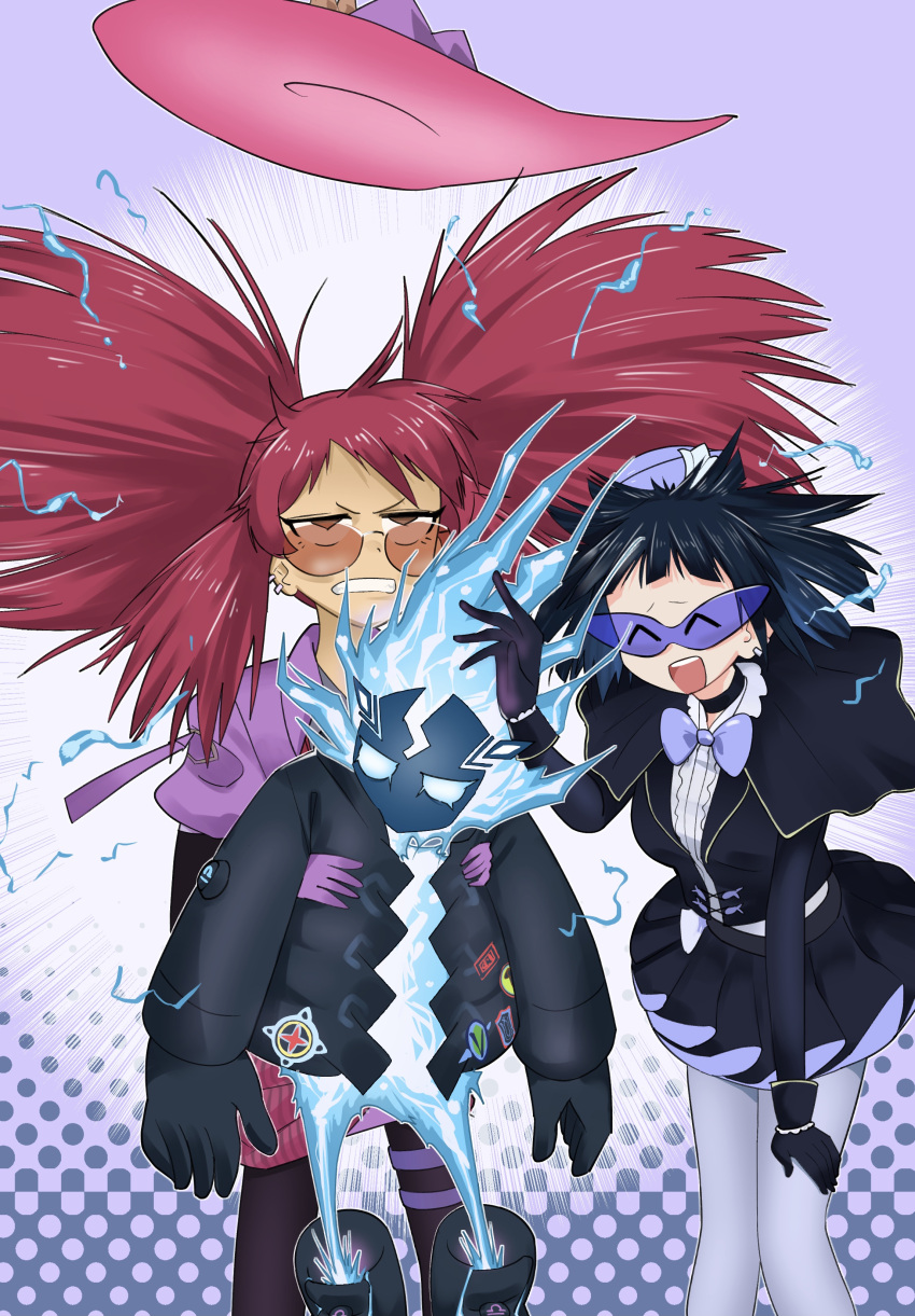 1boy 2girls absurdres black_hair bomber_jacket duel_monster electricity electrocution evil_twin_ki-sikil evil_twin_lil-la hat height_difference highres holding_another's_arm jacket ki-sikil_(yu-gi-oh!) lil-la_(yu-gi-oh!) looking_at_another multiple_girls pink_hair sawan_cutman short_hair skirt smile spright_blue sprite static_electricity sun_hat sunglasses yu-gi-oh!