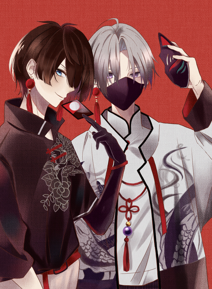 2boys absurdres akabane_toxin blue_eyes brown_hair carnelian_blood chat_peche clothing_request earrings facing_to_the_side fox_mask hanafuda highres holding holding_mask japanese_clothes jewelry long_sleeves looking_at_viewer male_focus mask multiple_boys necklace purple_eyes red_background short_hair somekari_creha white_hair