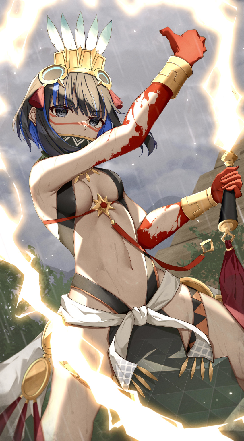 1girl absurdres bangs bare_shoulders black_hair black_skirt blood blood_on_hands blue_hair bracer breasts colored_inner_hair detached_collar electric_whip electricity facepaint fate/grand_order fate_(series) feathers grey_eyes grey_sky halterneck headdress high_collar highres huitzilopochtli_(fate) looking_at_viewer multicolored_hair navel pelvic_curtain rain sash short_hair sidelocks skirt small_breasts solo tassel thighs thumbs_up toukan wet