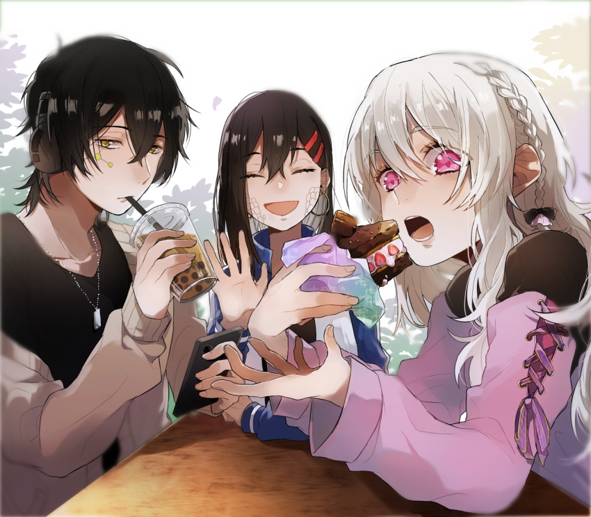 1boy 2girls alternate_costume alternate_hairstyle bangs black_bow black_hair black_shirt blue_jacket bow braid brown_cardigan bubble_tea cake cake_slice cardigan cardigan_partially_removed casual cellphone chocolate_cake closed_eyes collared_jacket cross-laced_clothes cross-laced_sleeves cup dark_konoha disposable_cup dog_tags drinking drinking_straw drinking_straw_in_mouth earrings eating eyelashes eyes_visible_through_hair facial_mark facing_viewer food fruit hair_between_eyes hair_bow hair_ornament hair_over_shoulder hairclip headphones hii_(aisiteru6918moon) holding holding_food holding_phone hoop_earrings jacket jewelry kagerou_project konoha_(kagerou_project) kozakura_marry long_bangs long_hair long_sleeves looking_at_food looking_to_the_side mekakucity_actors multiple_girls necklace no_scarf open_mouth phone pink_shirt scales shirt short_hair sleeve_cuffs smartphone smile strawberry t-shirt table tateyama_ayano waving white_hair yellow_eyes