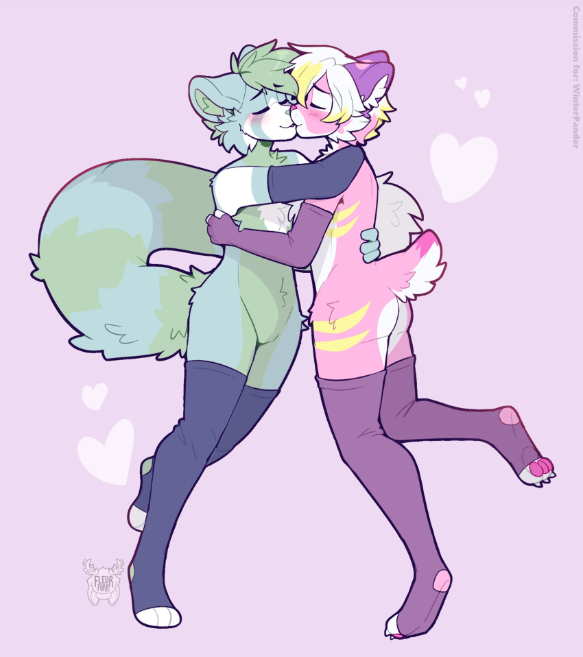 2023 ailurid anthro arm_warmers armwear butt clothing duo embrace featureless_crotch fleurfurr hi_res hug kissing male mammal nub_tail red_panda simple_background toeless_legwear toeless_stockings