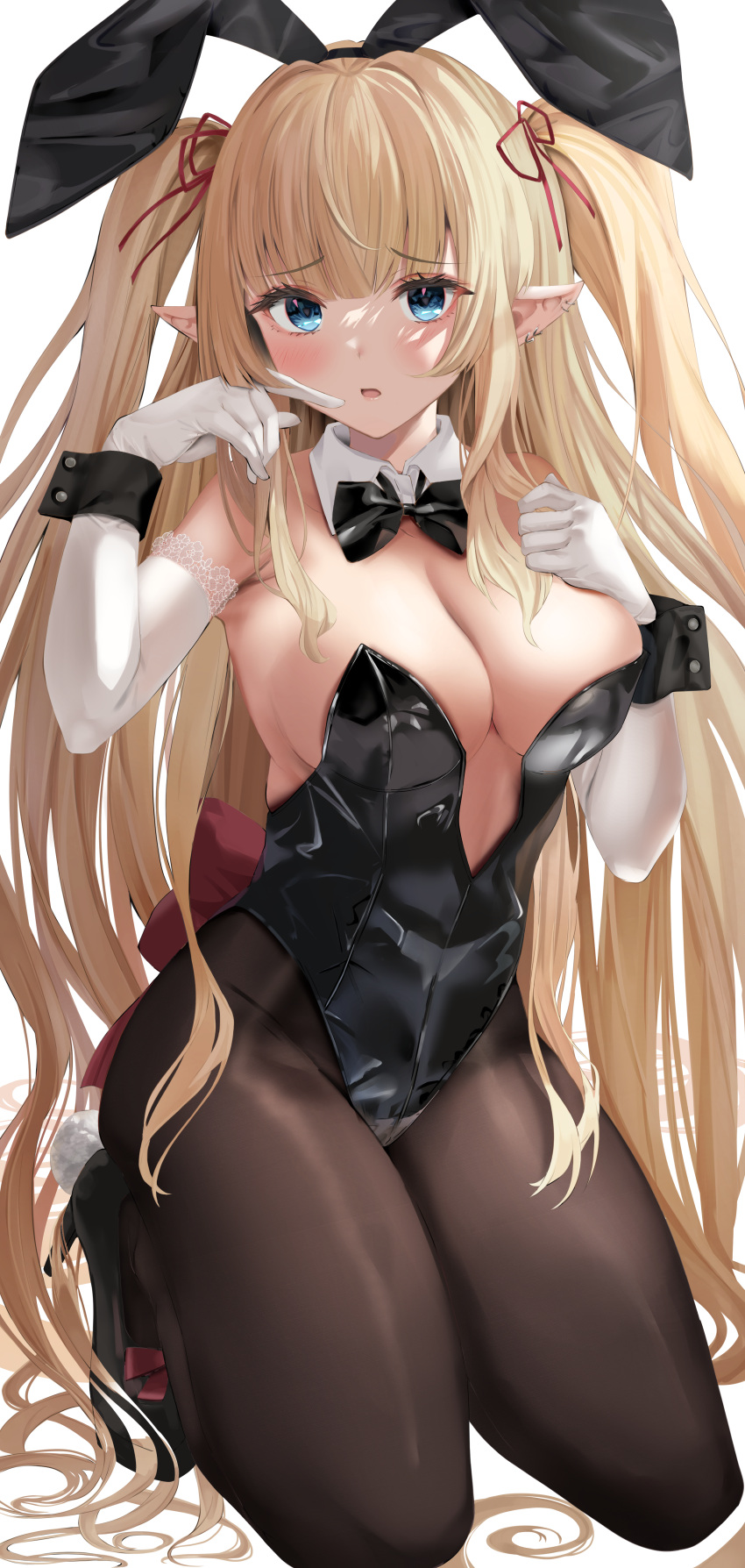 1girl absurdres animal_ears bangs black_bow black_bowtie black_footwear black_leotard black_pantyhose blonde_hair blue_eyes blush bow bowtie breasts cleavage detached_collar elbow_gloves fake_animal_ears full_body gloves hair_ornament hair_ribbon high_heels highres kneeling large_breasts leotard long_hair looking_at_viewer original pantyhose parted_lips playboy_bunny pointy_ears rabbit_ears red_ribbon ribbon simple_background solo thighs toratora_(nanahaba) two_side_up white_background white_gloves wrist_cuffs