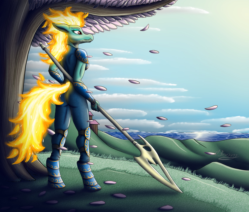 2021 amber_eyes anthro anthrofied armor asian_mythology blue_armor bomzzzik butt cherry_blossom chinese_mythology detailed_background digital_drawing_(artwork) digital_media_(artwork) east_asian_mythology fantasy_class female fire flaming_hair flaming_tail green_body green_scales halberd hi_res hybrid longma looking_away melee_weapon mythology plant polearm pseudo_hair rear_view scales scalie signature solo them's_fightin'_herds tianhuo_(tfh) tree unguligrade_anthro warrior weapon