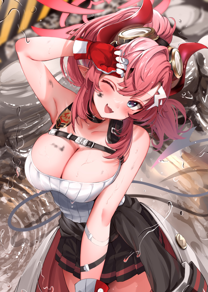 1girl ;d absurdres arm_up armpits bare_arms bare_shoulders black_choker black_skirt blue_archive blue_eyes blurry blush breasts chest_strap choker cleavage clothes_around_waist cowboy_shot demon_girl demon_horns demon_tail depth_of_field fang gloves goggles goggles_on_head halo head_tilt high_ponytail highres horns jacket jacket_around_waist large_breasts long_hair looking_at_viewer looking_up megu_(blue_archive) miniskirt narushima_kanna one_eye_closed paid_reward_available paint_on_body pleated_skirt pointy_ears red_gloves red_hair red_horns ribbed_tank_top ripples skin_fang skirt smile solo tail tank_top water wet white_tank_top