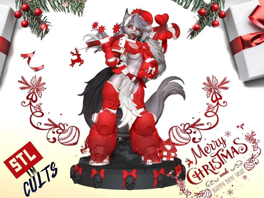 2022 3d_(artwork) absurd_res adeptus_astartes anthro armor bone bottomwear bow_ribbon breasts candy candy_cane canid canid_demon christmas christmas_clothing christmas_headwear clothing cosplay costume couter crossover crossover_cosplay cuisse demon dessert digital_media_(artwork) english_description female flag food full-length_portrait fur gift_box gradient_background greaves grey_body grey_fur hair hat headgear headwear hellhound helluva_boss helmet hi_res holding_armor holding_headgear holding_helmet holding_object holidays joputapelirrojo loincloth long_hair loona_(helluva_boss) machine mammal midriff miniature new_year open_mouth pauldron poleyn ponytail portrait power_armor primaris red_armor red_sclera rerebrace ribbons sabatons santa_costume santa_hat simple_background skimpy_armor skull solo space_marine tongue tongue_out unconvincing_armor under_boob vambraces warhammer_(franchise) warhammer_40000 weapon_on_shoulder white_background yellow_background