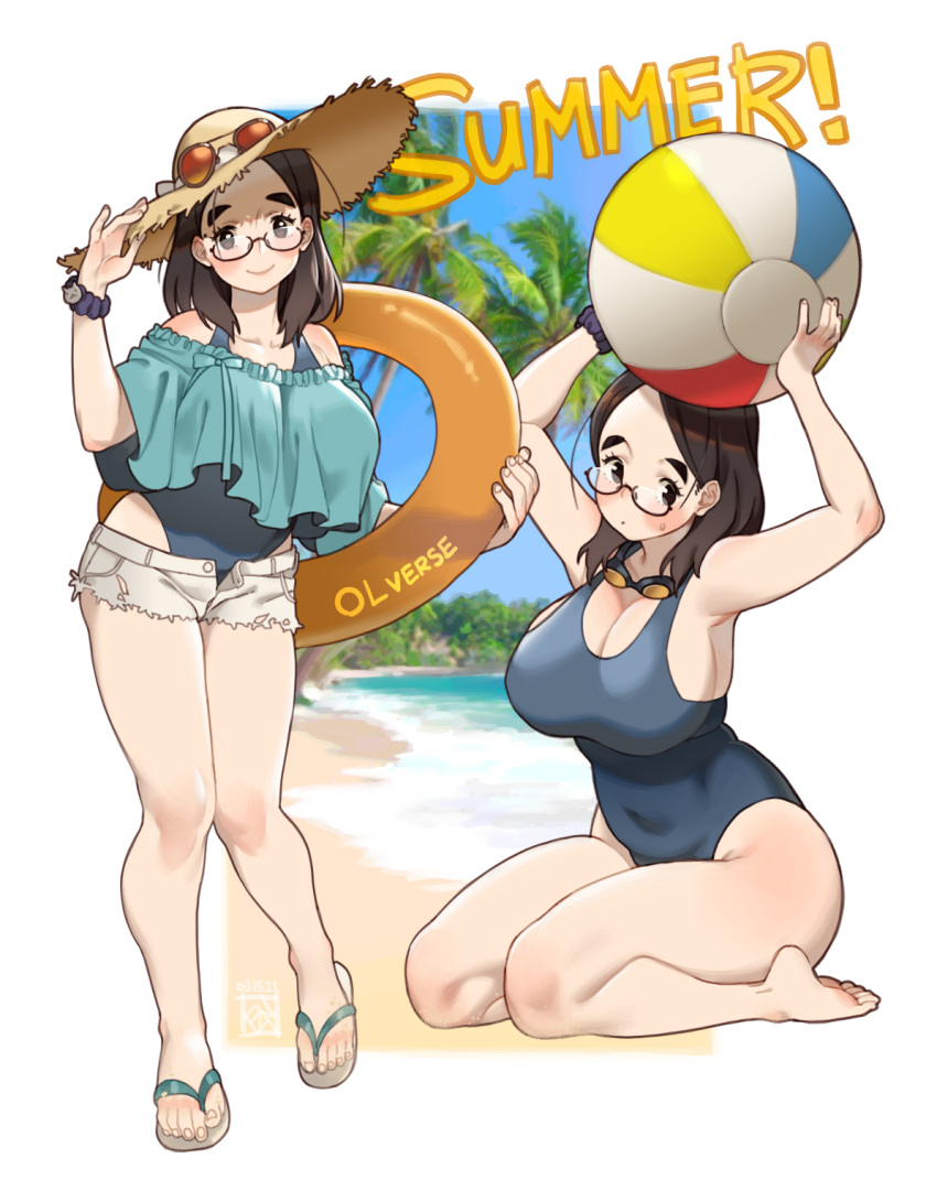 1girl ball beachball blue_one-piece_swimsuit breasts brown_eyes brown_hair cleavage commentary english_commentary eyewear_on_headwear glasses goggles goggles_around_neck hat highres holding holding_ball holding_beachball holding_innertube huge_breasts innertube off-shoulder_shirt off_shoulder olverse one-piece_swimsuit orange_innertube original palm_tree poch4n sandals scrunchie seiza shirt short_shorts shorts signature sitting sun_hat sunglasses swimsuit timid_office_lady_(poch4n) tree unbuttoned_shorts wrist_scrunchie