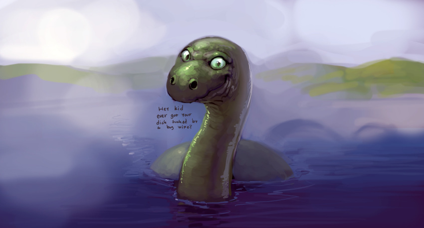 ambiguous_gender dialogue dirty_talk english_text feral fog green_body green_skin hey_kid_ever_had_ya_dick_sucked hi_res lake looking_at_viewer meandraco sea_monster solo text water