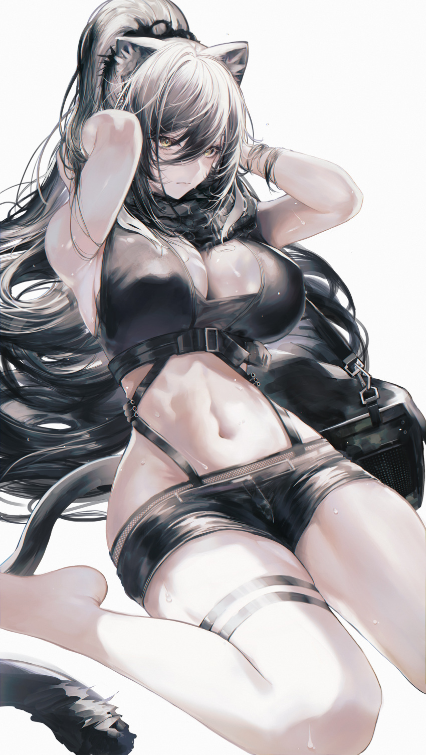 1girl absurdres animal_ears arknights arms_behind_head bag bare_shoulders barefoot black_scarf black_shorts breasts cat_ears cat_girl cat_tail cleavage closed_mouth duffel_bag grey_hair highres large_breasts long_hair midriff navel scarf schwarz_(arknights) short_shorts shorts simple_background solfi0211 solo tail thigh_strap very_long_hair white_background yellow_eyes