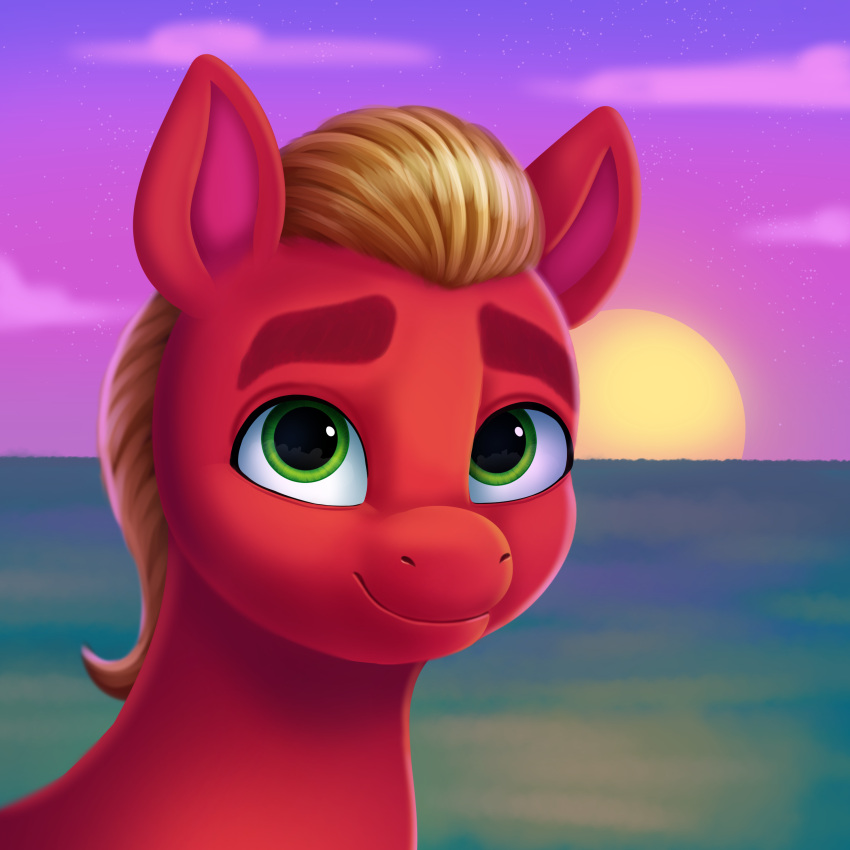 absurd_res blonde_hair blonde_mane earth_pony equid equine eyebrows feral green_eyes hair hasbro hi_res horse looking_at_viewer malarkey_(artist) male mammal mane mlp_g5 my_little_pony pony portrait red_body smile solo sprout_cloverleaf_(mlp) sun sunset thick_eyebrows