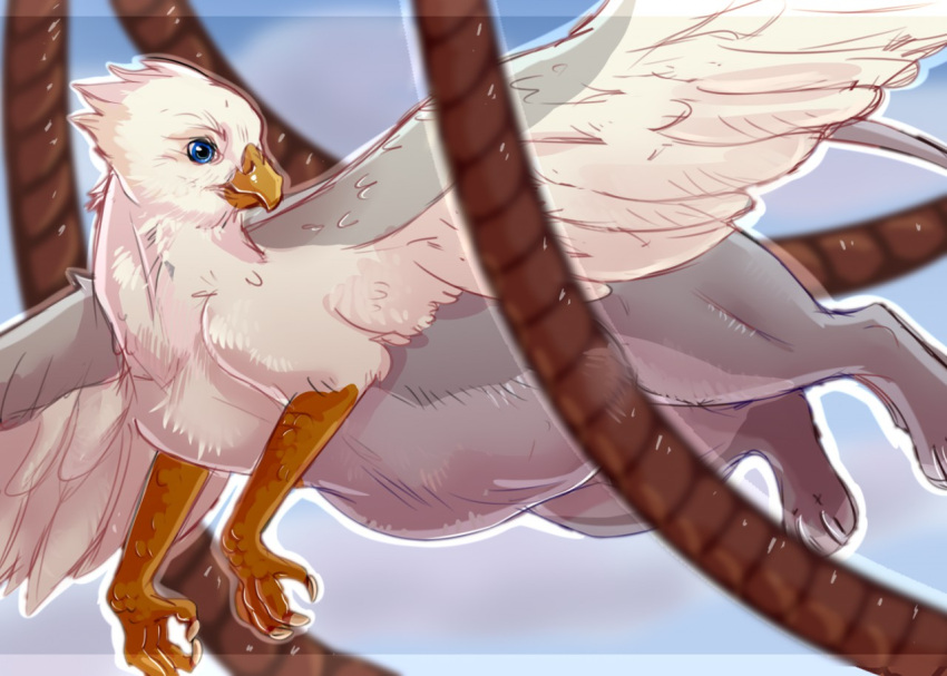 ambiguous_gender avian beak belly big_belly blue_eyes brown_rope feathers feral glistening glistening_eyes grey_body head_tuft mouth_closed roobin rope side_view simple_background solo tuft white_body white_feathers