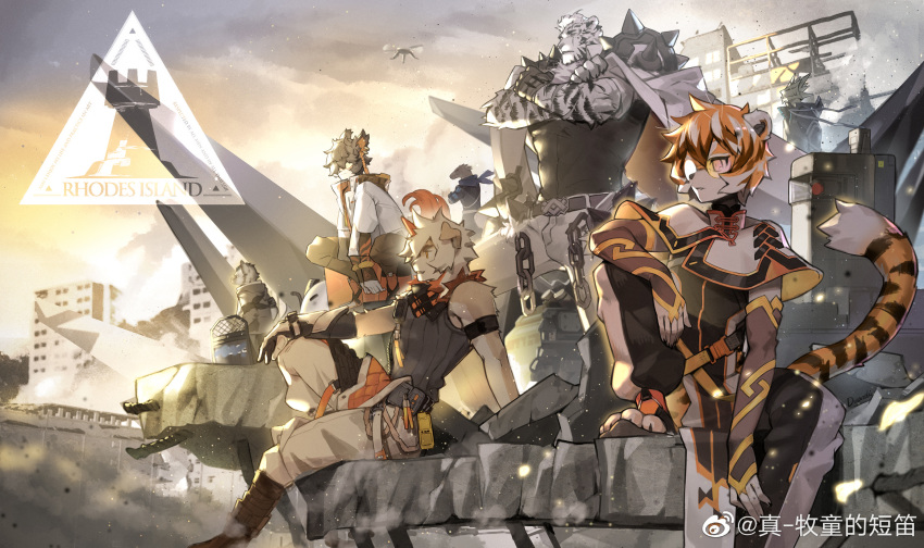 12f_(arknights) 2girls 6+boys aak_(arknights) animal_ears arknights bangs bare_shoulders black_tank_top castle-3_(arknights) cat_boy cat_ears chain dog_boy dog_ears furry furry_female furry_male group_picture highres horns hung_(arknights) hyena_boy hyena_ears lancet-2_(arknights) male_focus medium_hair mountain_(arknights) multicolored_hair multiple_boys multiple_girls orange_eyes pants rangers_(arknights) robot scar scar_across_eye scar_on_face short_hair single_horn sitting spot_(arknights) streaked_hair striped_fur tail tank_top tiger_boy tiger_ears two-tone_fur waai_fu_(arknights) white_fur white_hair white_pants yukiusagi1983