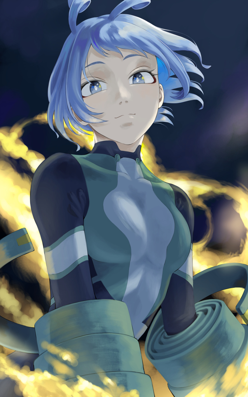 1girl absurdres blue_bodysuit blue_eyes blue_hair bodysuit boku_no_hero_academia drill_hair energy fengling_(furin-jp) green_bodysuit hadou_nejire highres looking_at_viewer night official_alternate_hairstyle outdoors smile solo superhero upper_body